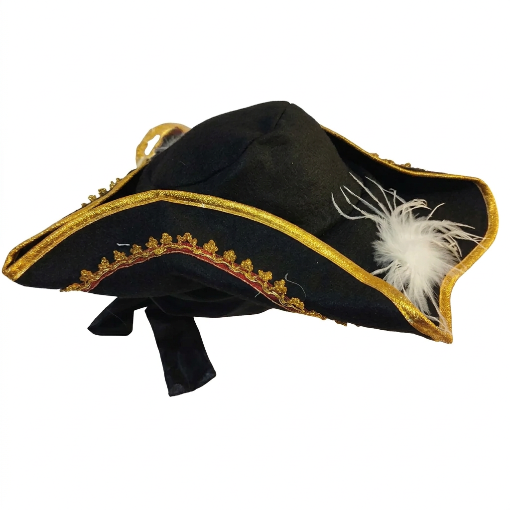 Sombrero Tricornio Negro con Ribete Dorado y Pluma