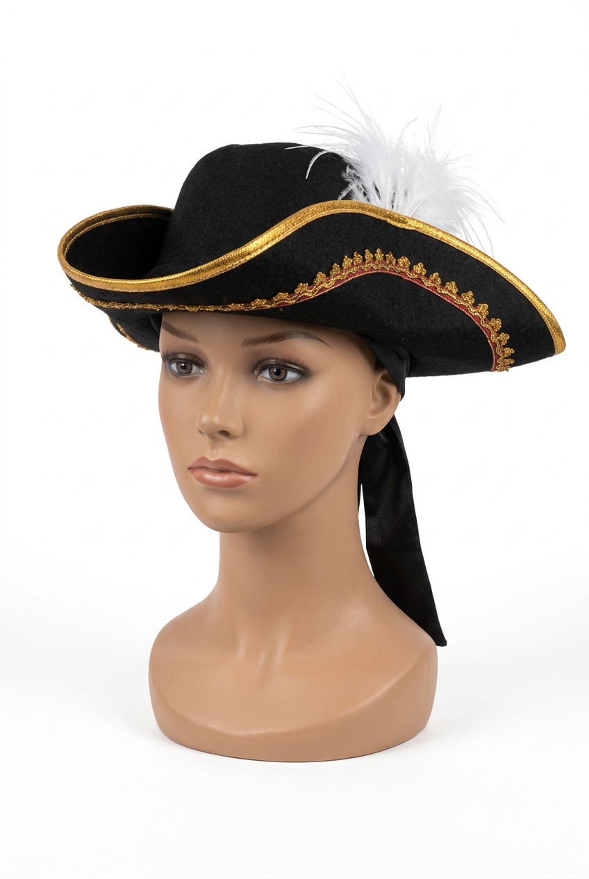 Sombrero Tricornio Negro con Ribete Dorado y Pluma