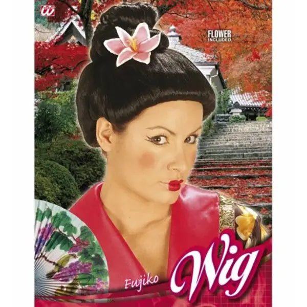 Peluca Fujiko con Flor – Estilo Japonés con Detalle Floral