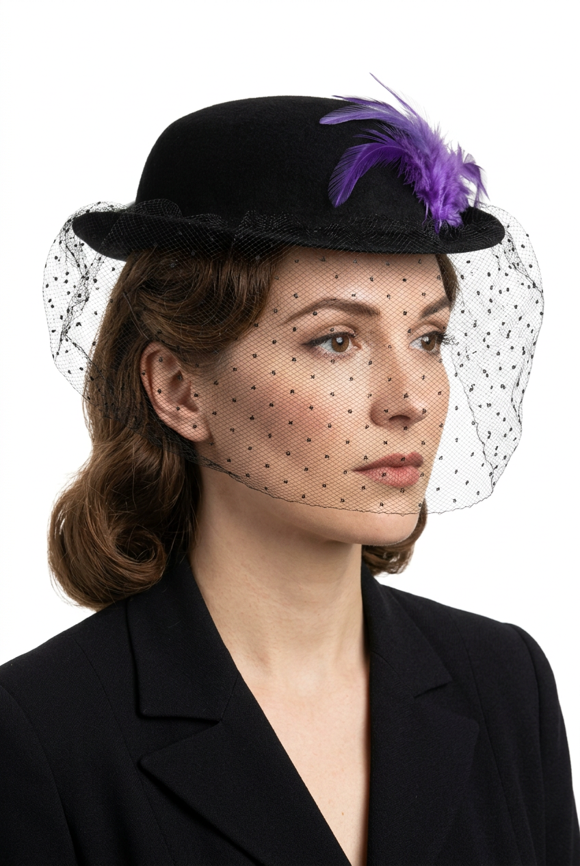 Fascinator with Polka Dot Veil and Purple Feather