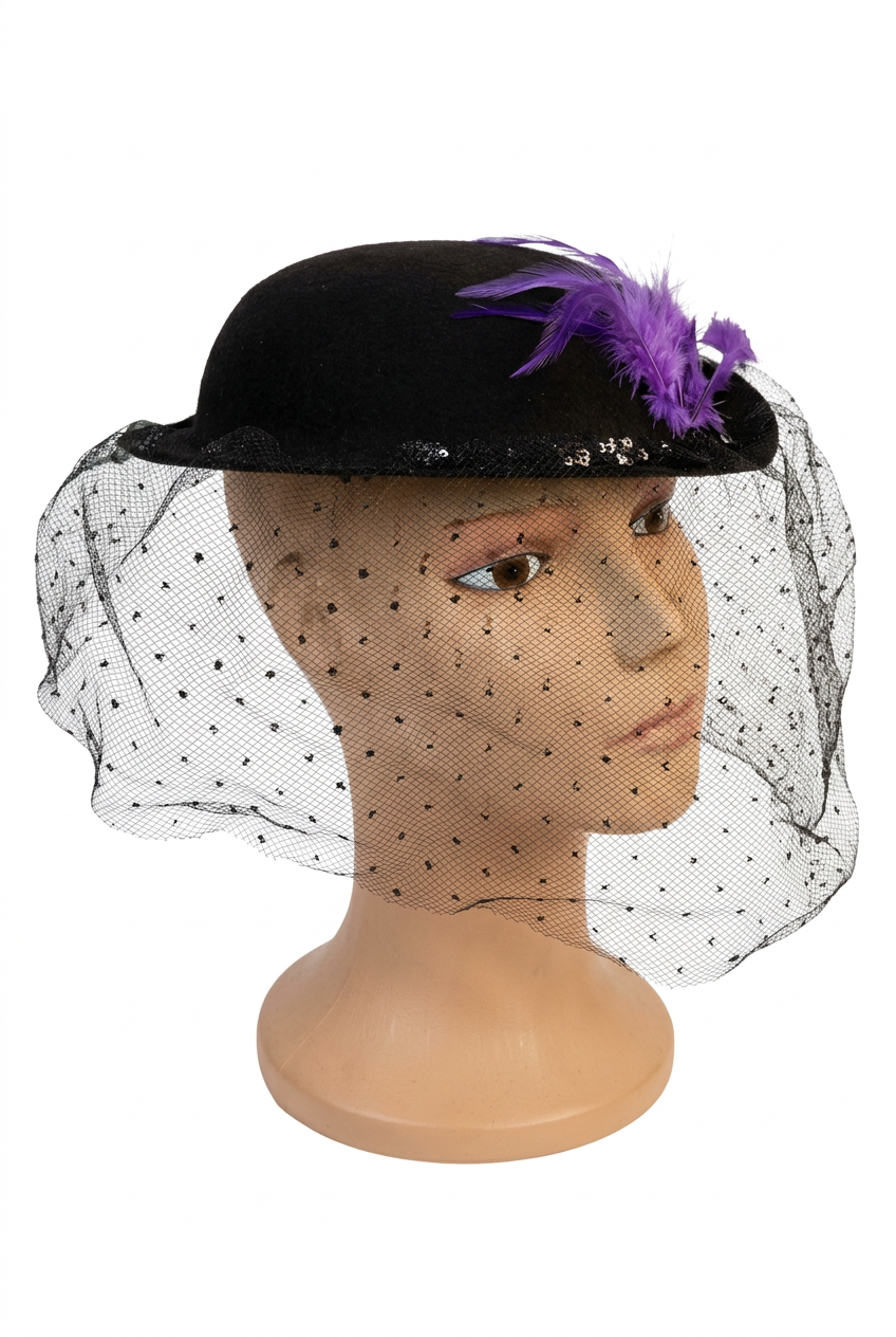 Fascinator with Polka Dot Veil and Purple Feather