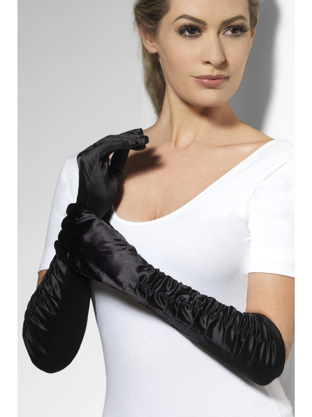 Guantes Negros Drapeados de Raso 44 cm