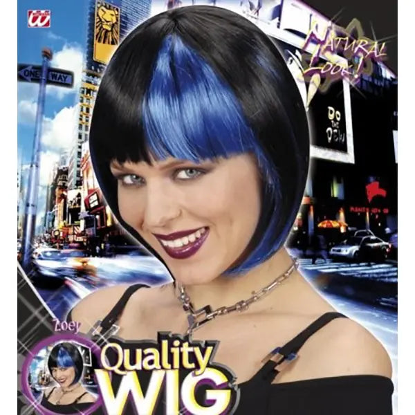 Peluca Negra con Mechones Azules – Accesorio de Disfraz