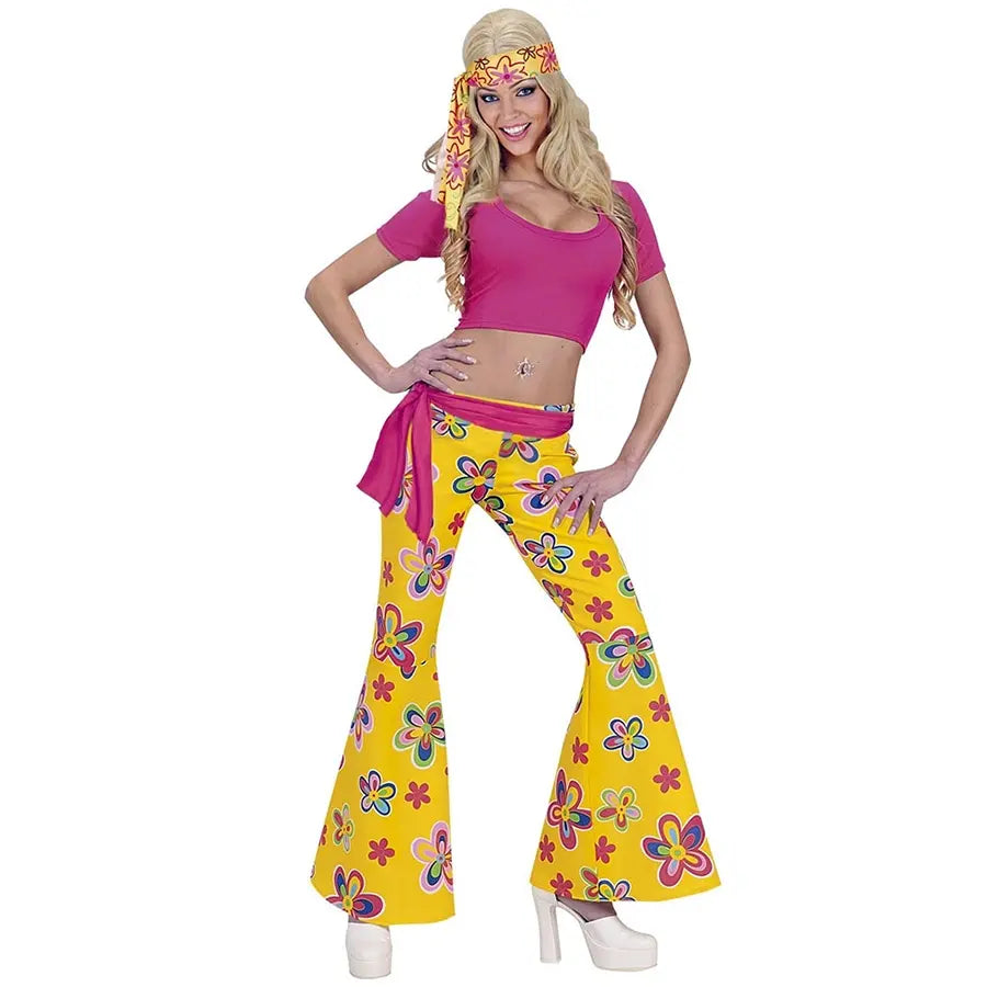 Disfraz Pantalon Amarillo Acampanado Con Flores