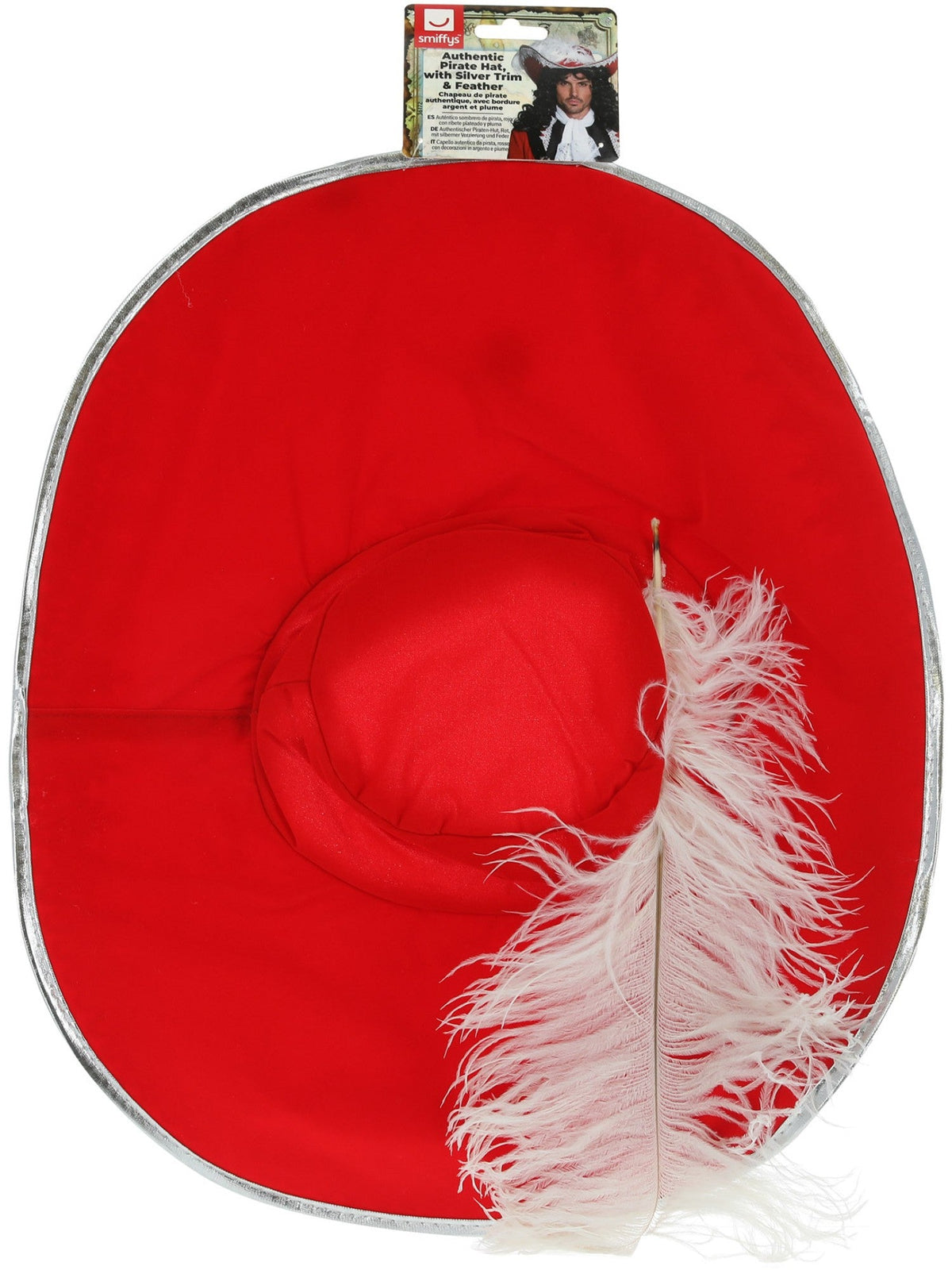Sombrero de Pirata Rojo con Ribete Plateado y Pluma