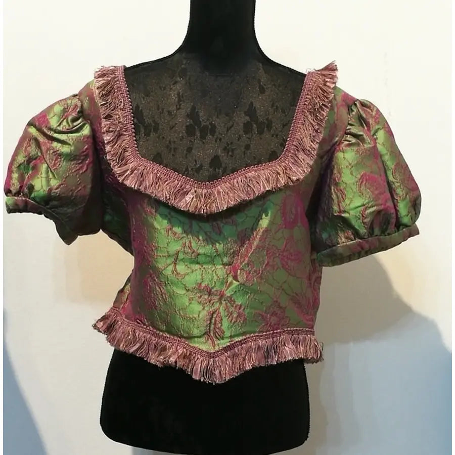 Disfraz Blusa Flecos Verde Con Estampado Rosa Palo