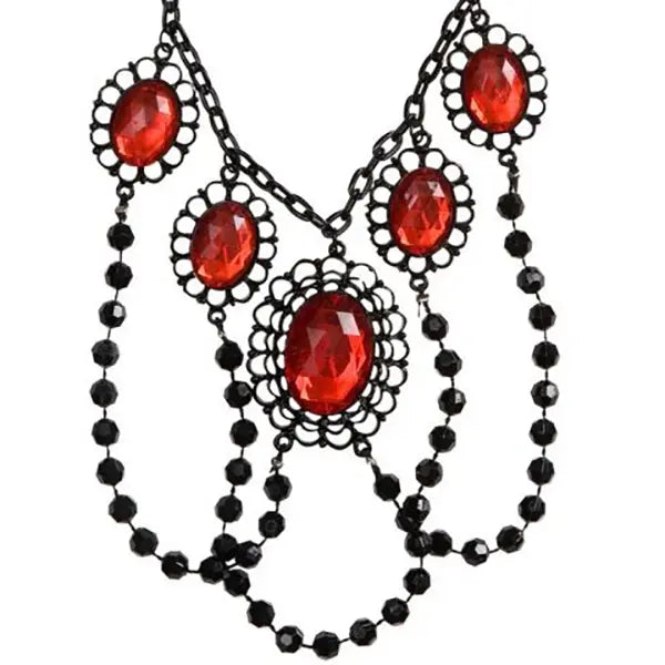 Collar Perlas Negras Con Piedras Rojas