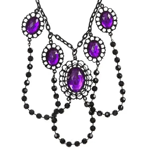 Collar Perlas Negra Con Piedras Violeta