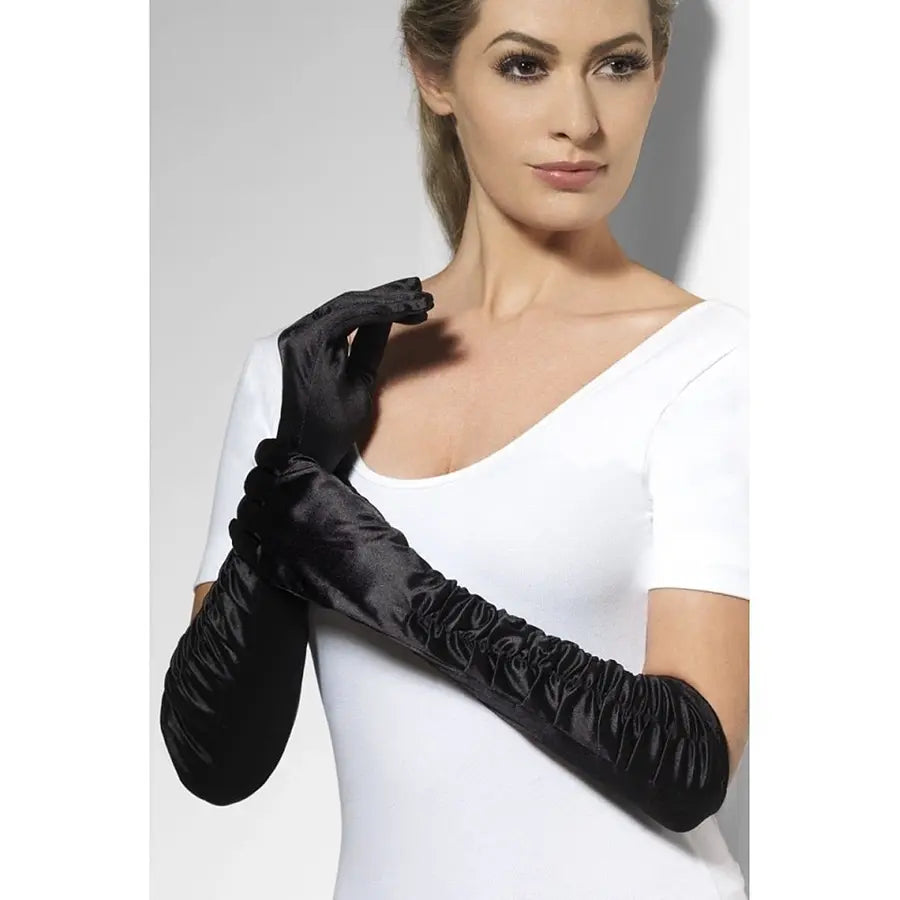 Guantes Negros Drapeados de Raso 44 cm