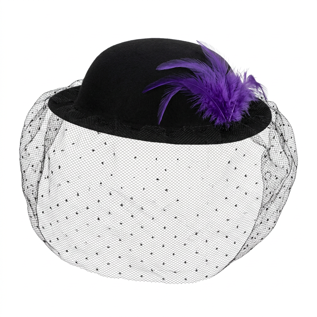 Fascinator with Polka Dot Veil and Purple Feather