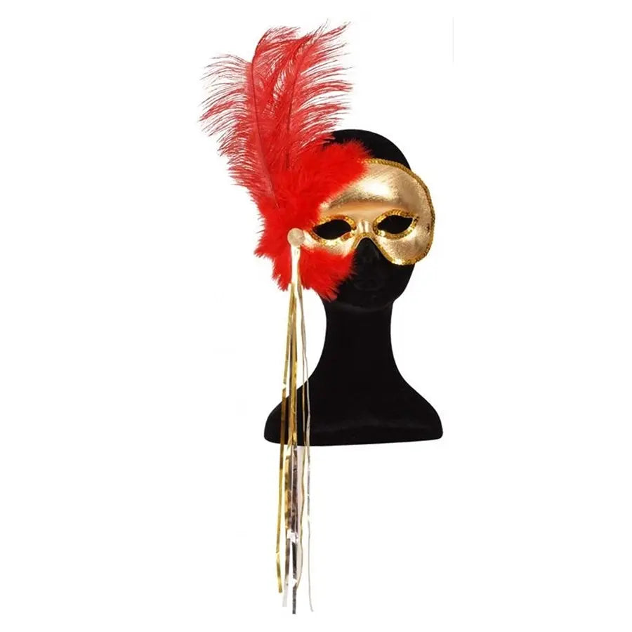 Antifaces Dorado Maxi Pluma Roja