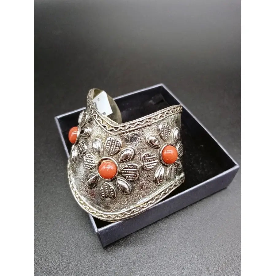 Brazalete Ancho Plateado Flores B2