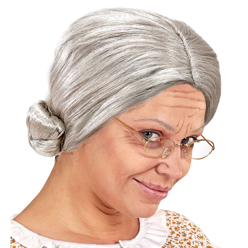 Peluca de Abuela – Cabello Gris Recogido para Disfraz