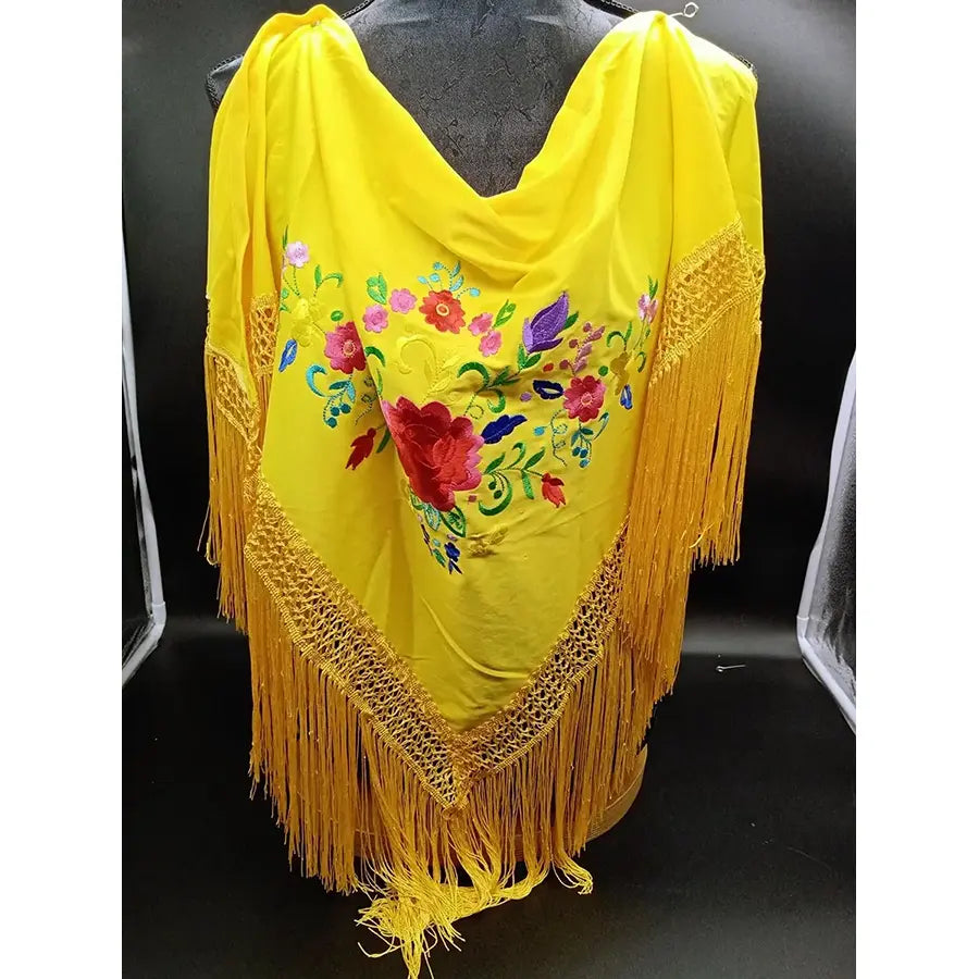 Yellow Shawl with Embroidered Flowers and Fringes