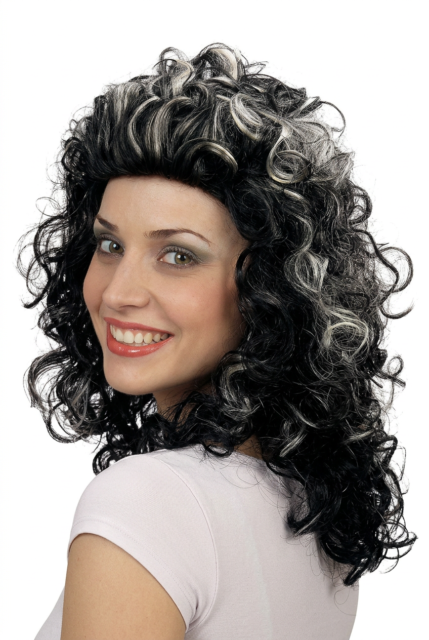 Roxanne Curly Black Wig with Streaks – Widmann