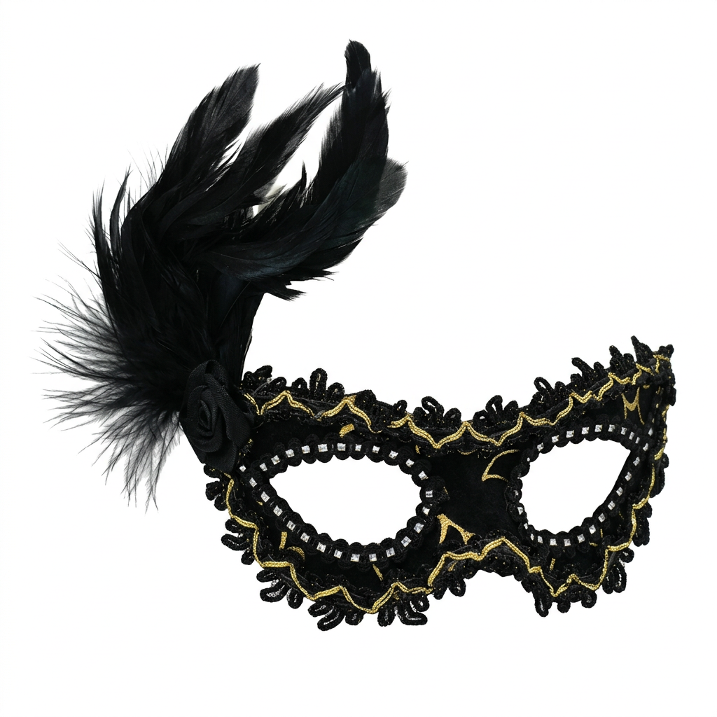Antifaz Veneciano Negro con Plumas y Strass para Disfraz