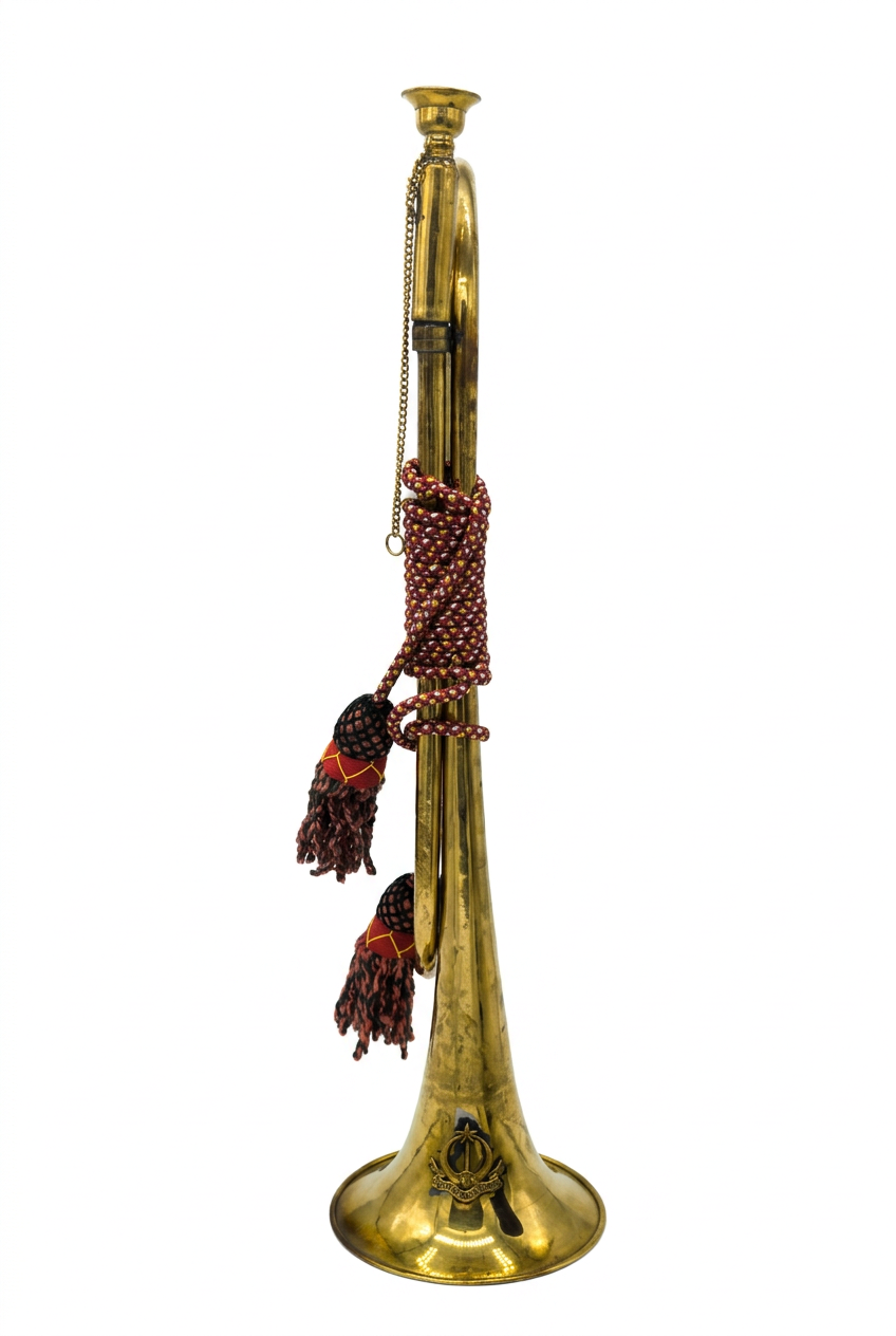 Clarín de Caballería Réplica en Latón Dorado con Borlas y Escudo Heráldico 58 cm