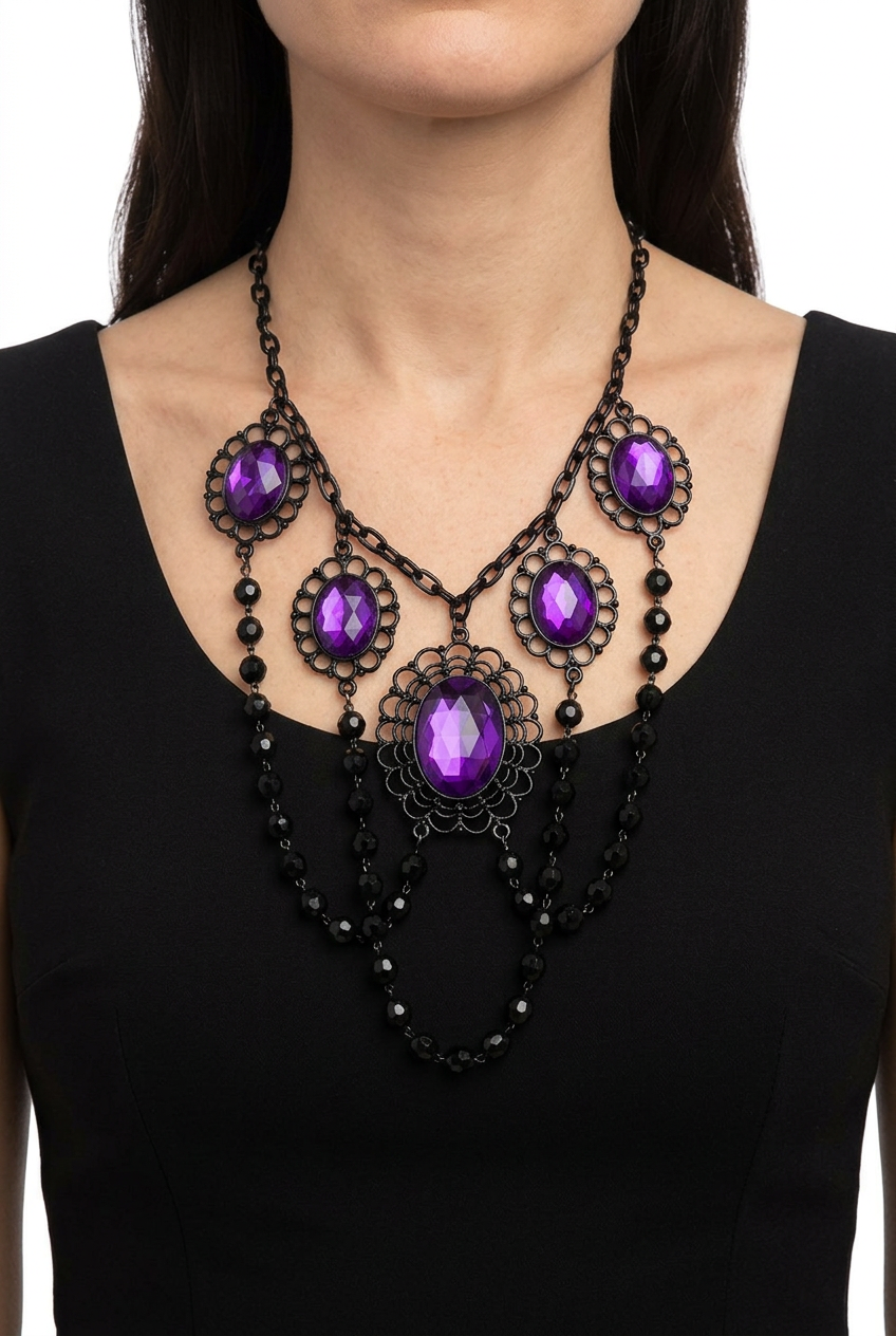 Black Pearl Necklace with Violet Stones