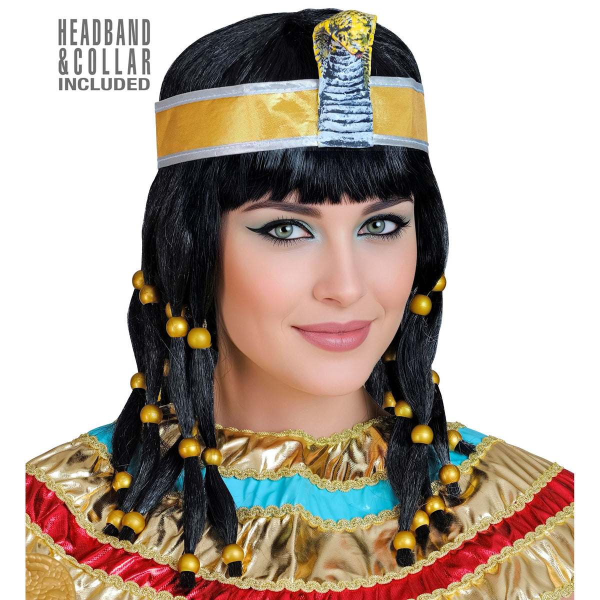 Peluca Cleopatra con Diadema y Cubrecuello – Set Egipcio de Lujo