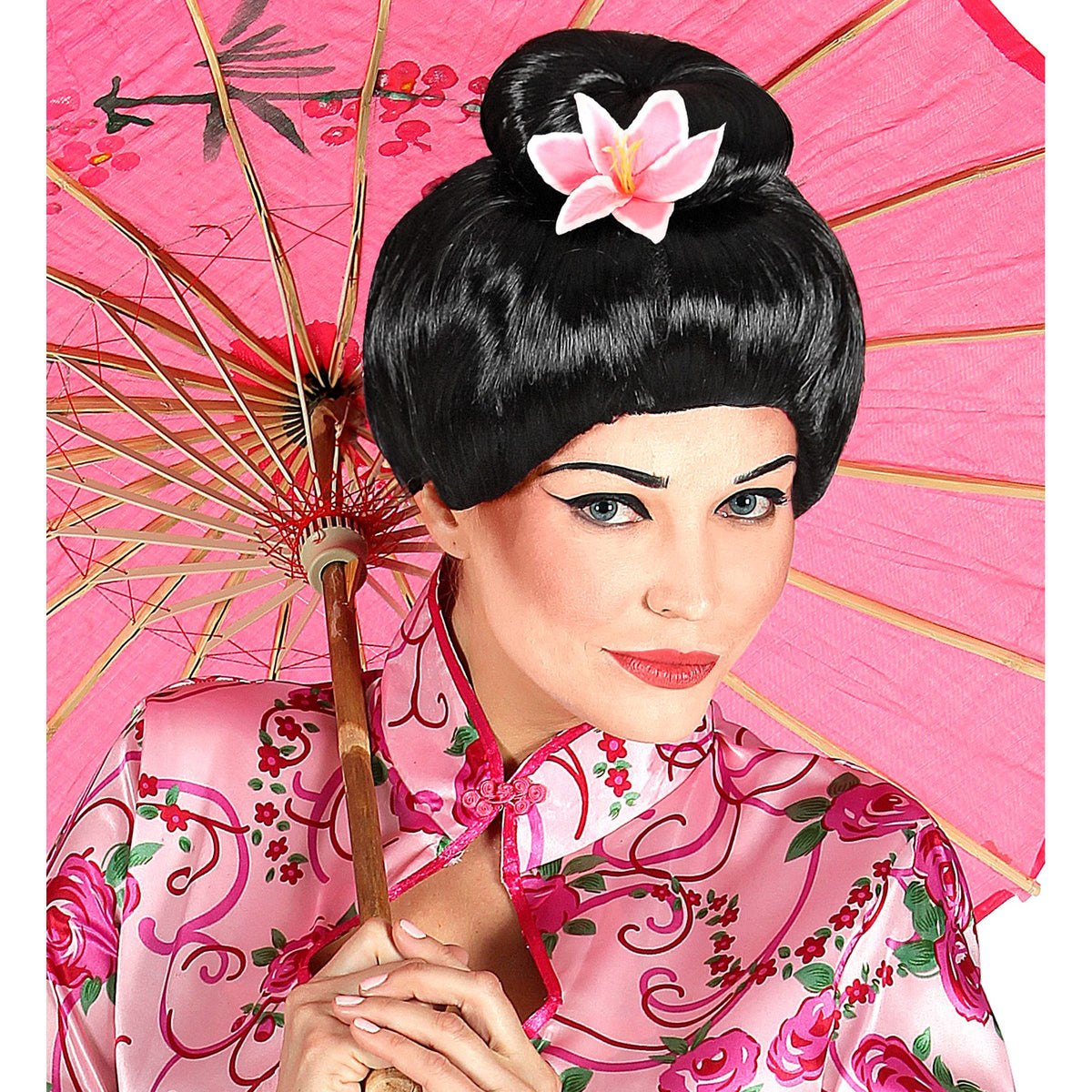 Peluca Fujiko con Flor – Estilo Japonés con Detalle Floral
