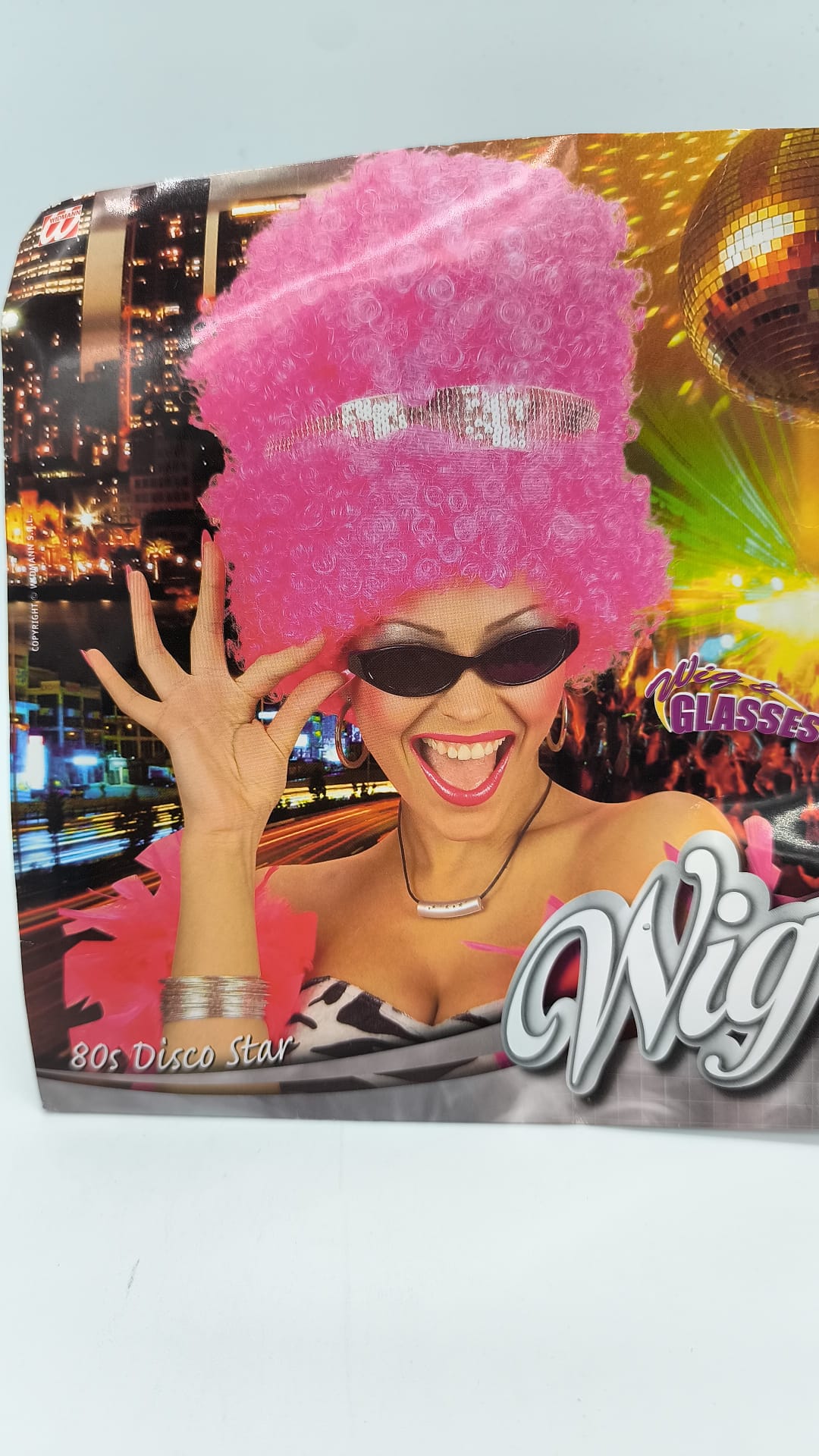 Peluca 80s Disco Star Rosa Afro con Gafas – Widmann