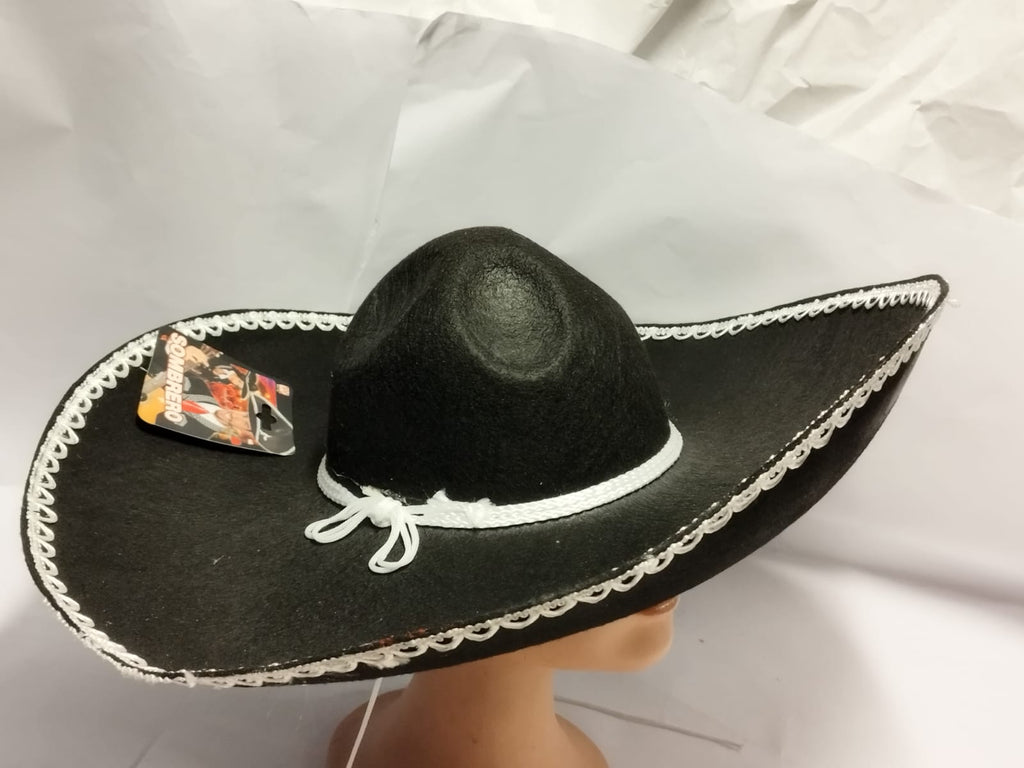 Sombrero Mexicano Negro con Ribete Blanco – Accesorio de Disfraz