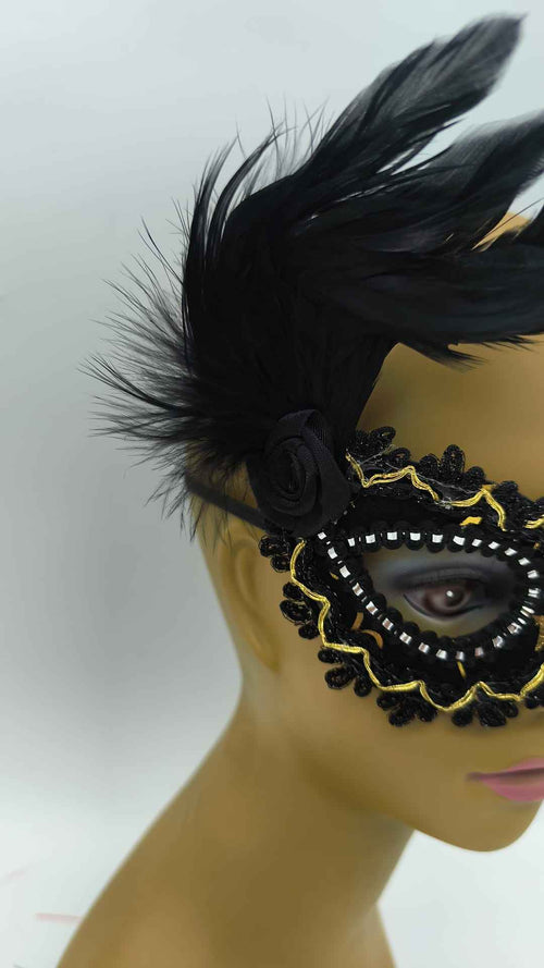Antifaz Veneciano Negro con Plumas y Strass para Disfraz