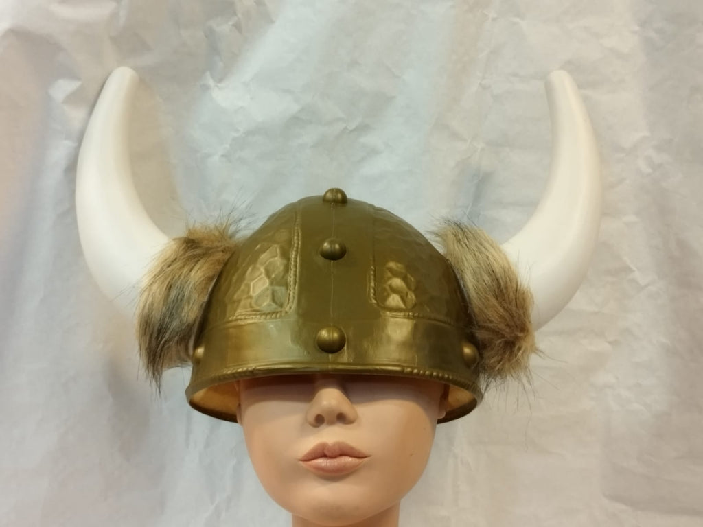 Casco Vikingo Dorado con Cuernos Blancos y Pelo Sintético para Disfraz