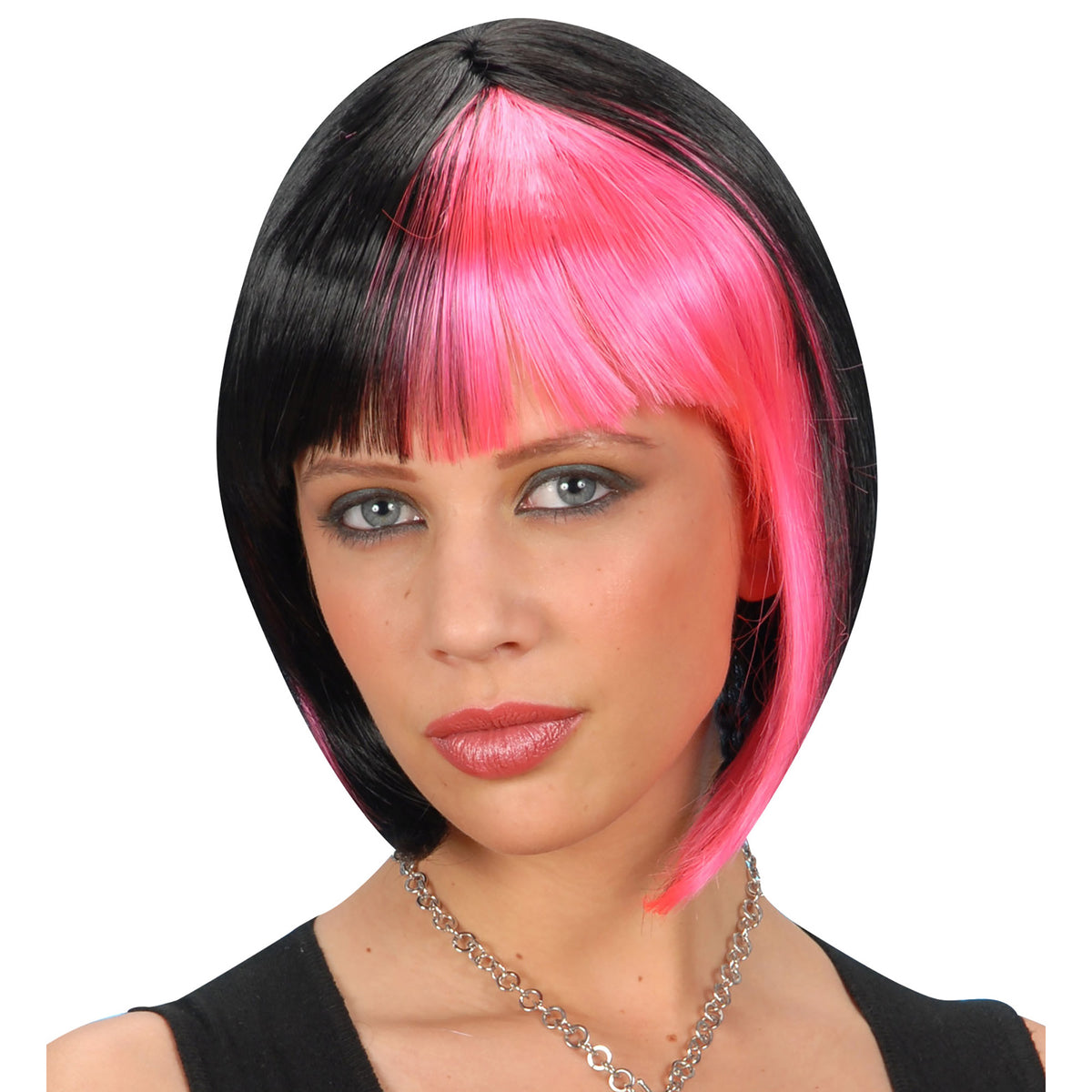 Peluca Morena con Mechones Rosas – Accesorio de Disfraz