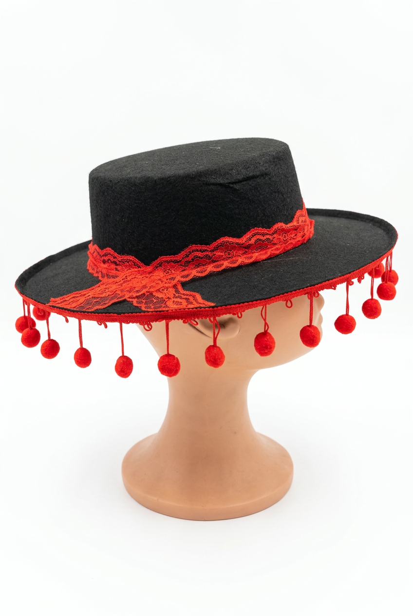Sombrero Cordobés Negro con Borlas Rojas