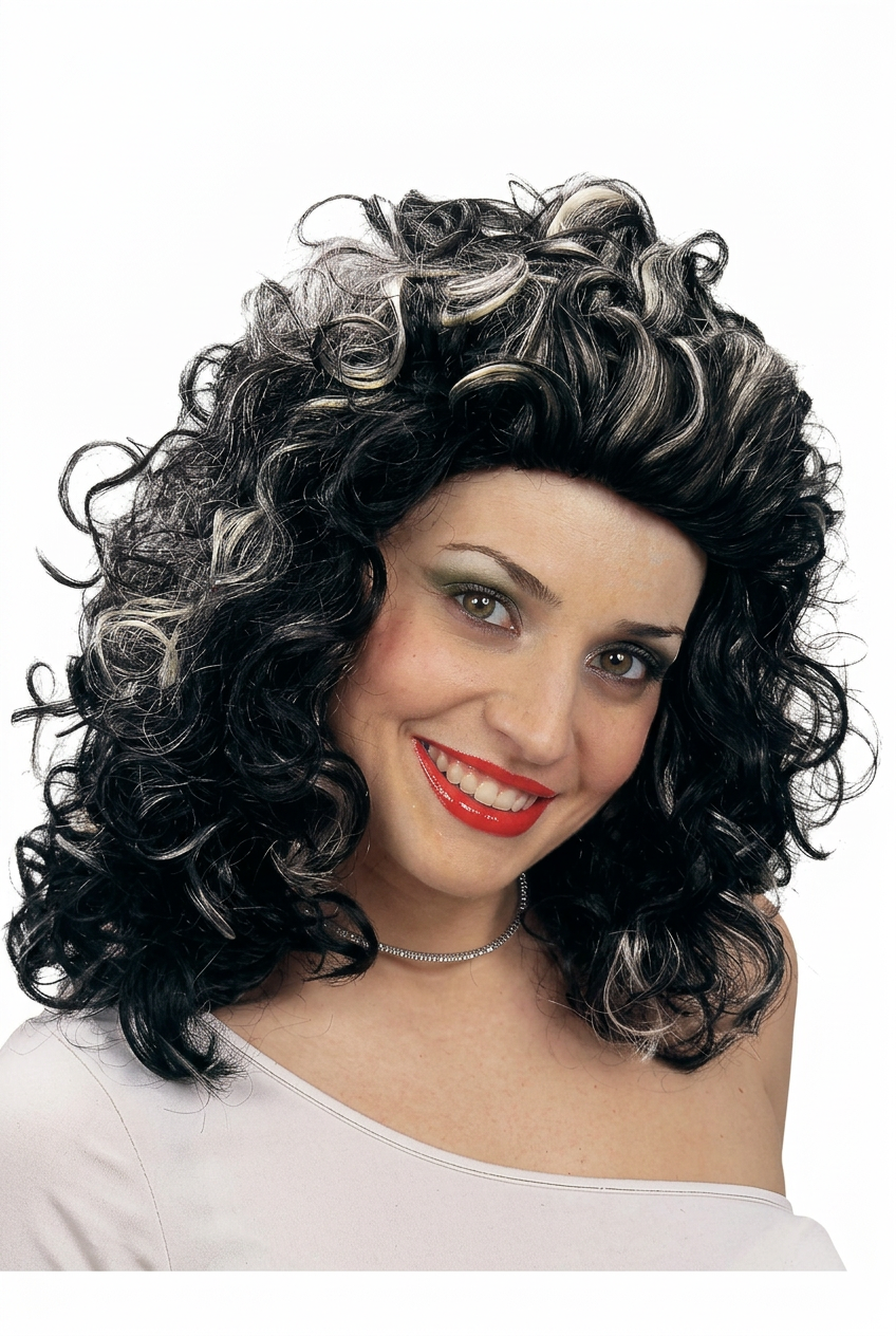 Roxanne Curly Black Wig with Streaks – Widmann
