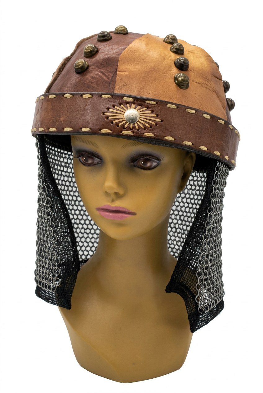 Casco Medieval de Cuero con Remaches y Cota de Malla