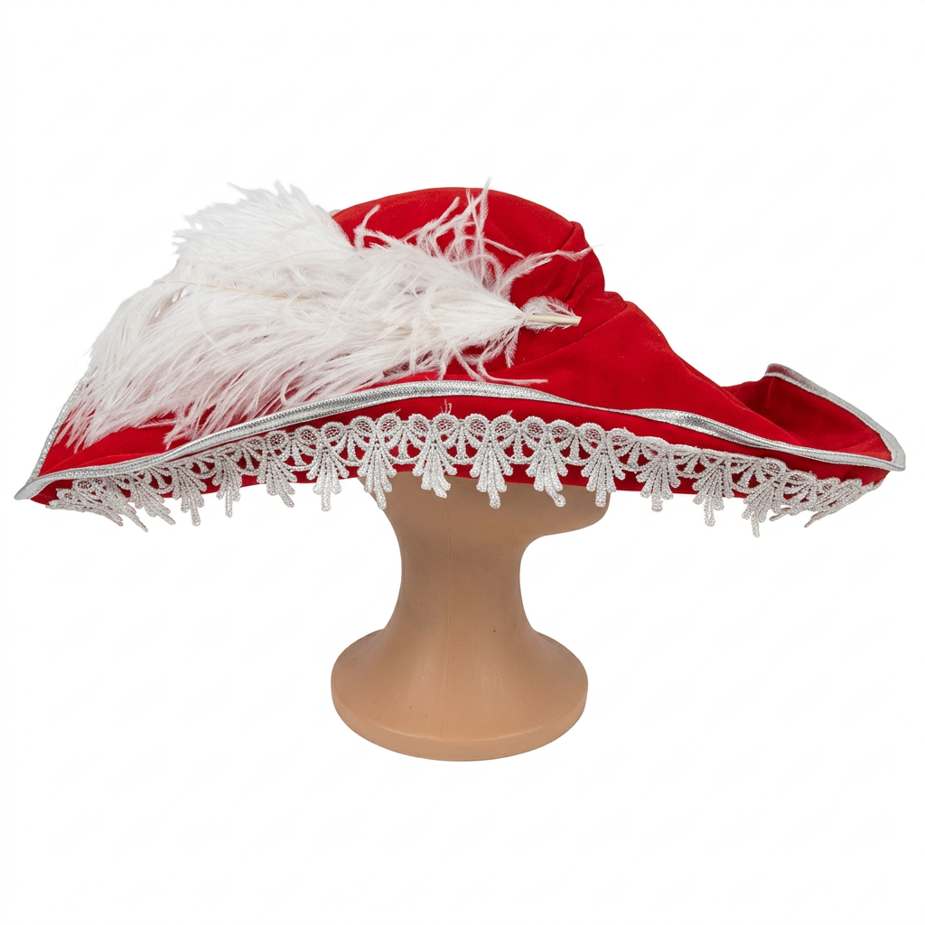 Sombrero de Pirata Rojo con Ribete Plateado y Pluma