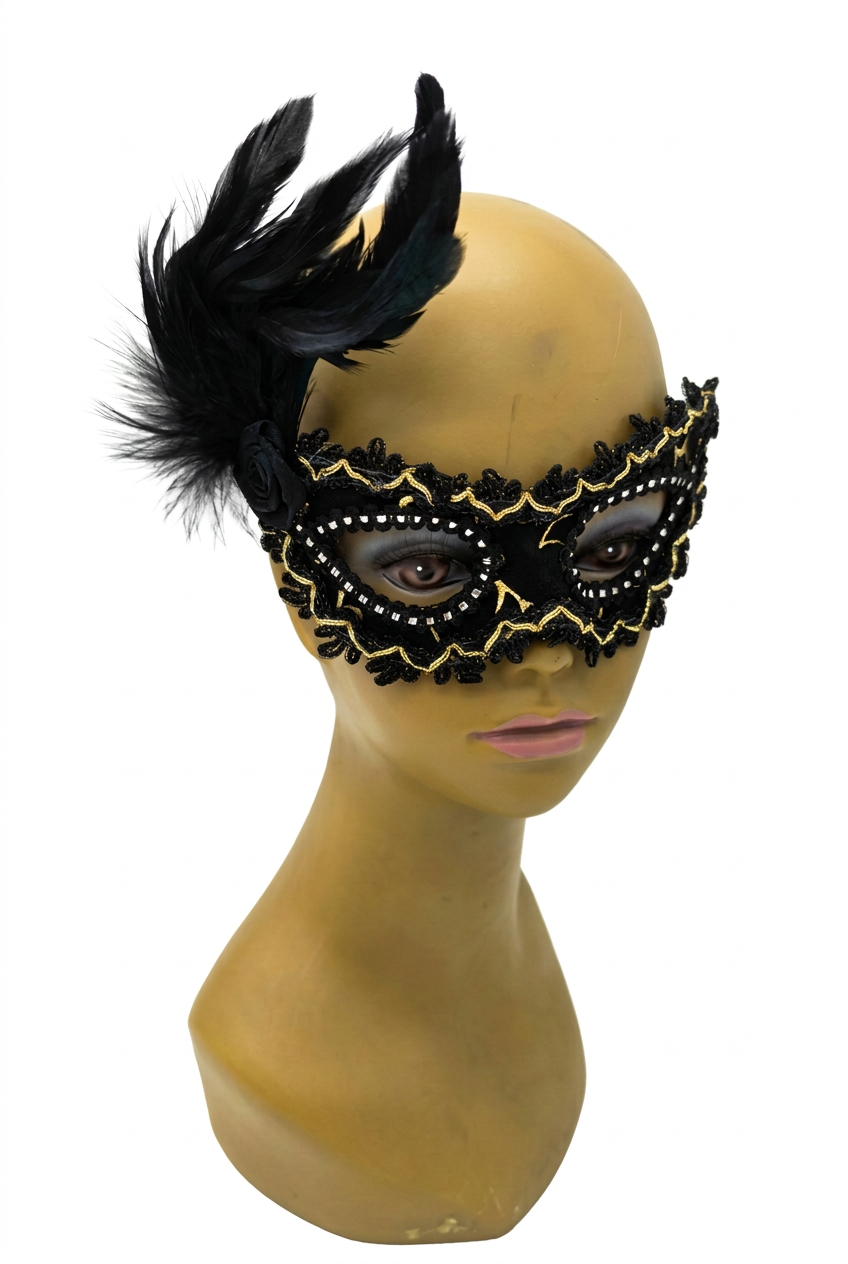 Antifaz Veneciano Negro con Plumas y Strass para Disfraz