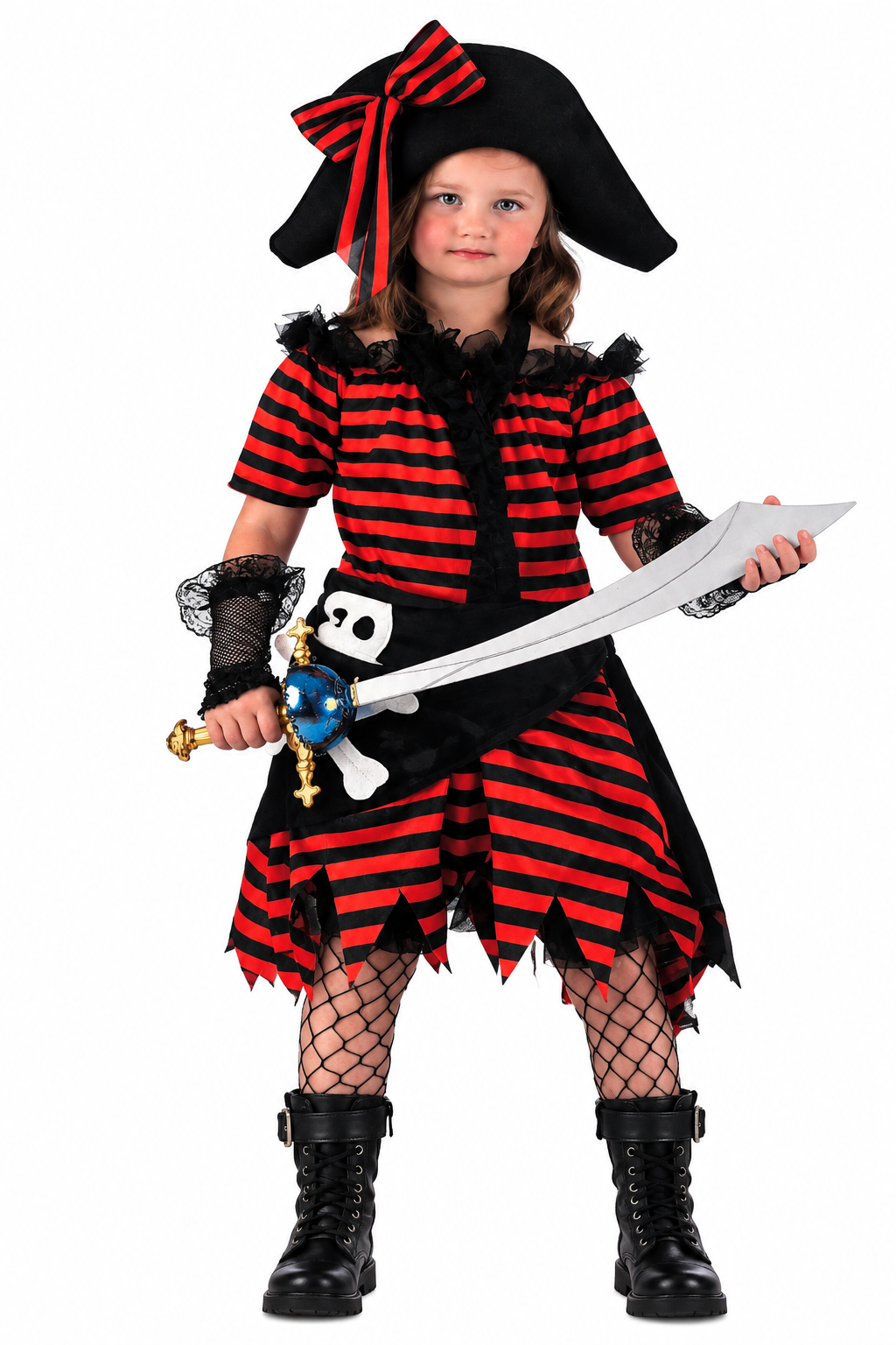 Disfraz de pirata niña con fondo blanco y colores nítidos