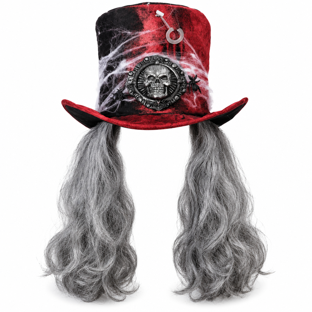 Sombrero de copa de terror con peluca gris sin modelo, sobre fondo blanco